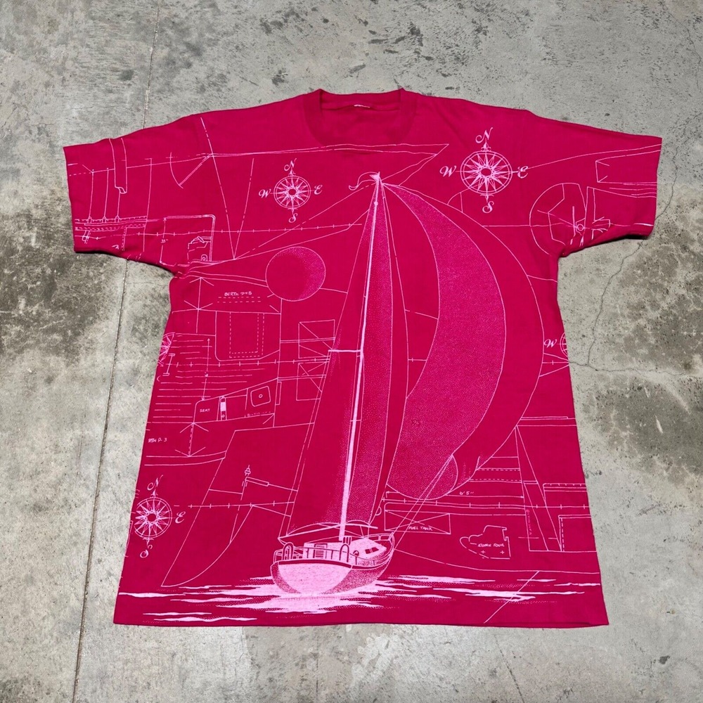 Vintage All Over Print Sailboat Shirt Size XL Pink Sketch Art‎ Shirt 1992
